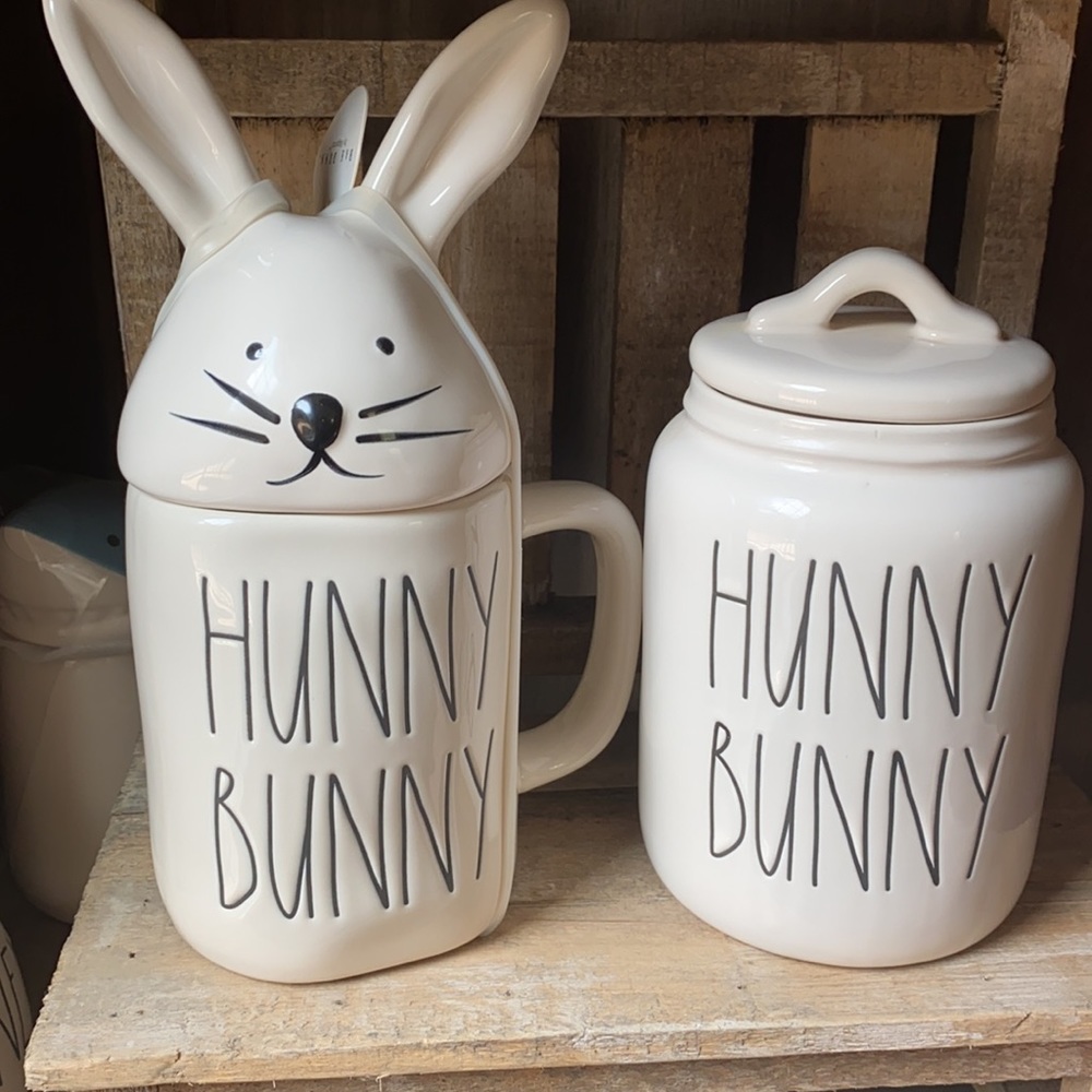 Rae dunn hunny bunny canister and mug